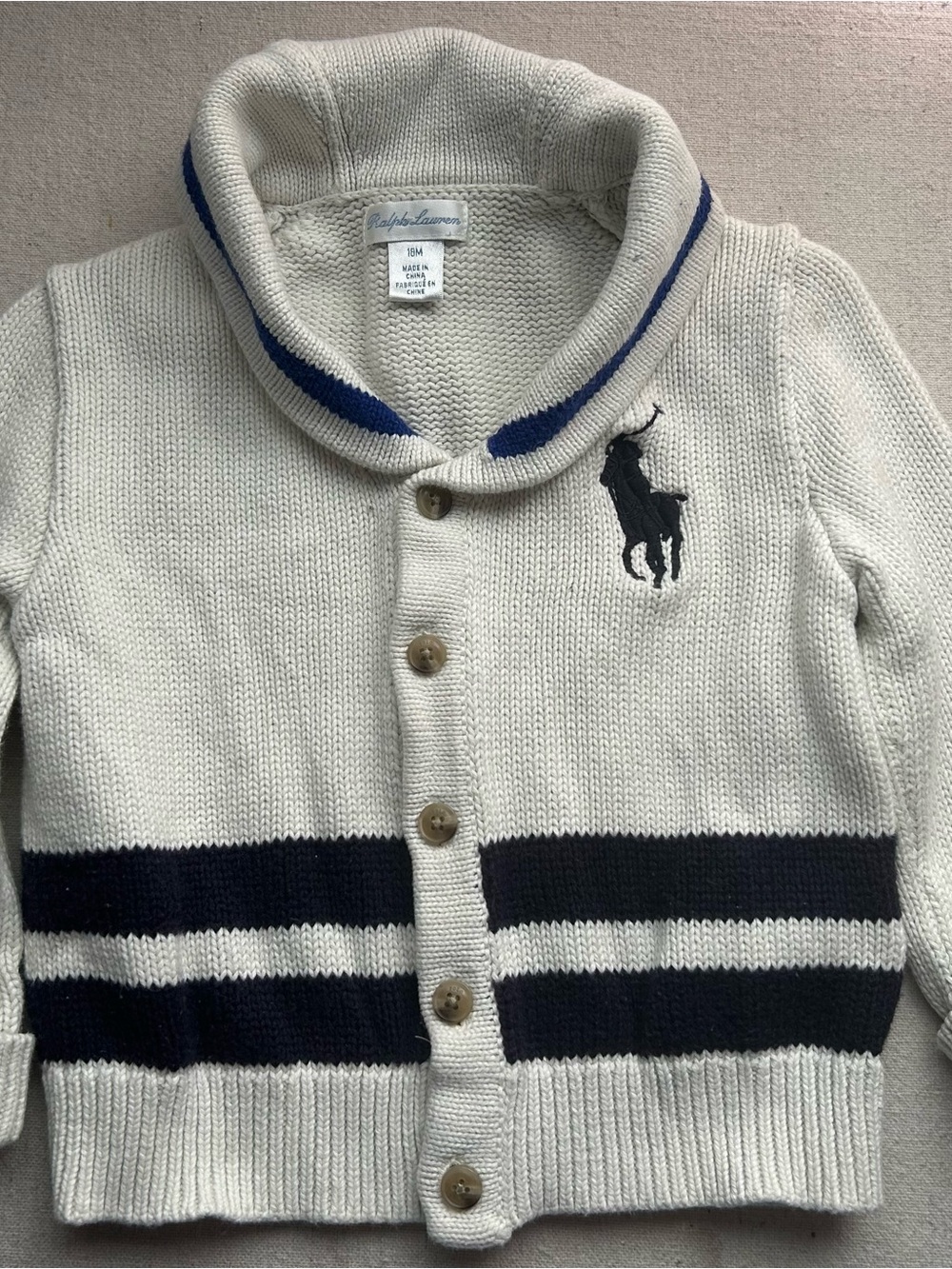 Ralph Lauren Cream & Navy Shawl Collar Button Cardigan - Kids